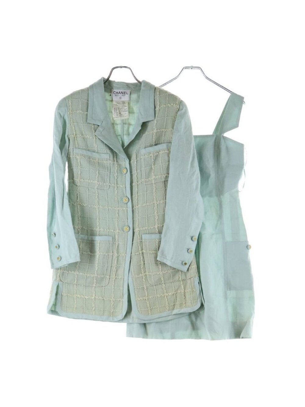 Chanel Silk Blend Linen CC Logo Jacket Dress Light Green